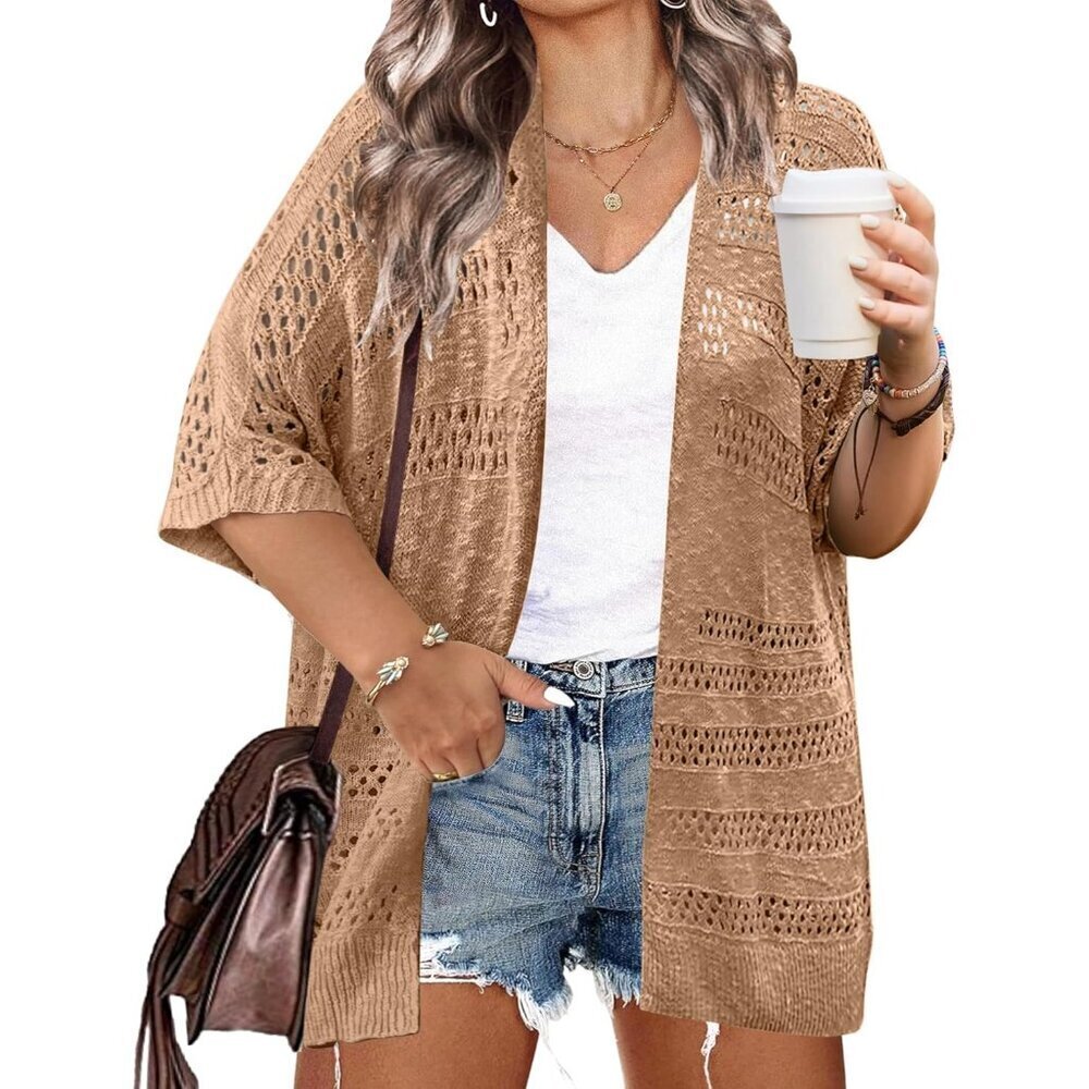 Plus Size Crochet Cardigan Women Short Sleeve Lightweight Boho Knit